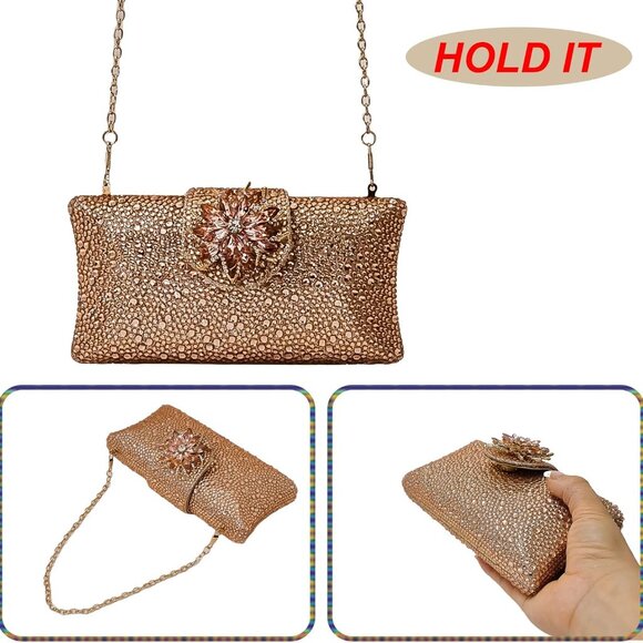 Rose Gold Rhinestone Floral Clutch Handbag with Chains - Perfect for Parties - Picture 6 of 6